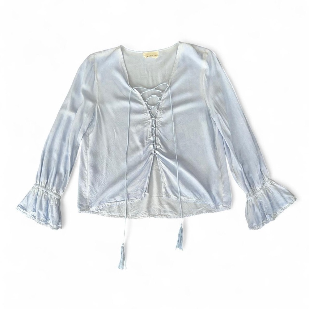 Vestique Blue Flowy Blouse Criss Cross Tie Up Open Front Detail Poet Sleeves